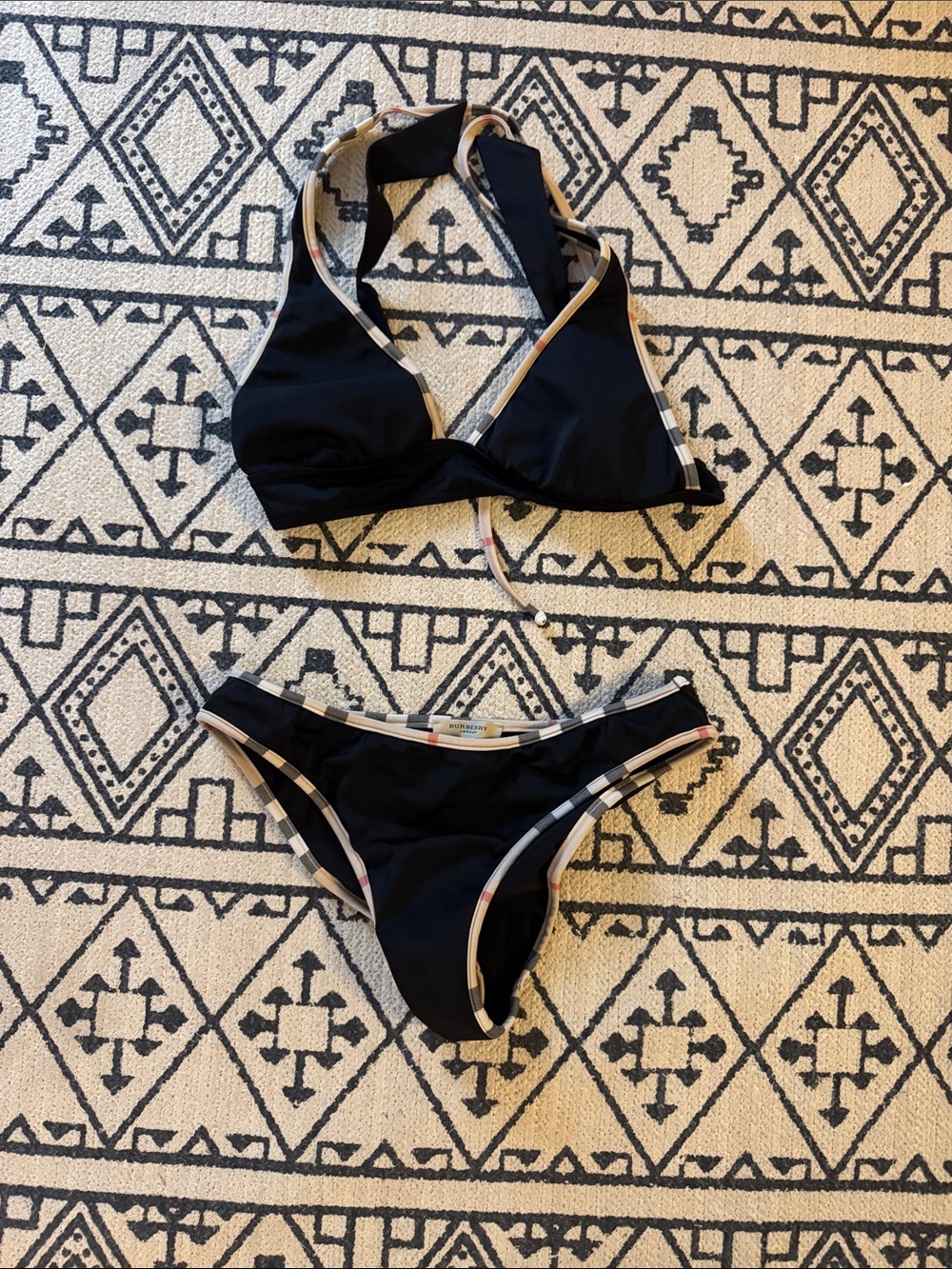 Burberry Black Bikini Set with Beige Check Trim NWOT